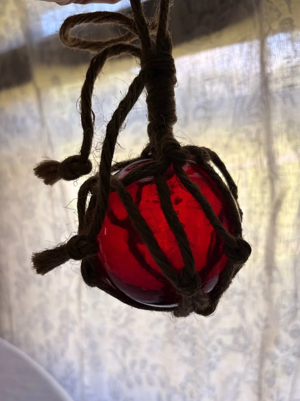 Red Blown Glass Float Ball Tiki Fish Float Jute Irregular Shape Bubbles Pontil 1